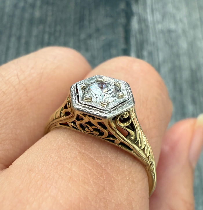 Art Deco Diamond and 14K Gold Filigree Solitaire Ring