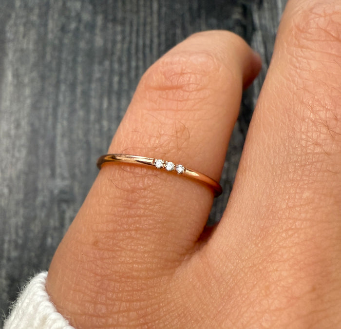 Three Stone Diamond and 14K Rose Gold Band, Stacking Ring