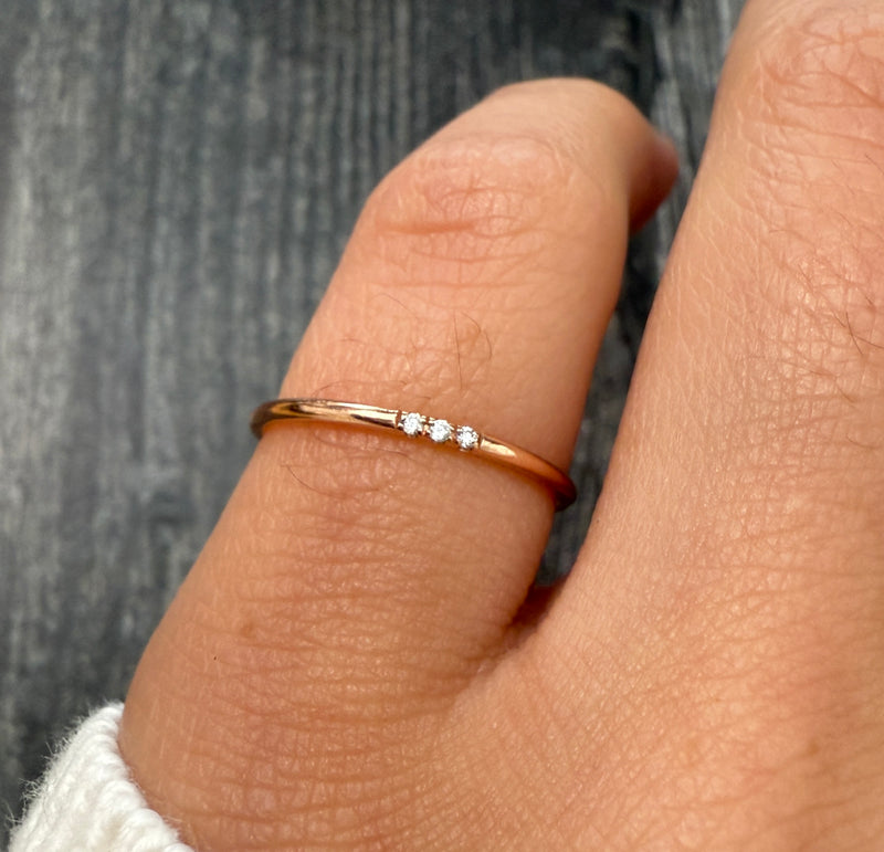 Three Stone Diamond and 14K Rose Gold Band, Stacking Ring