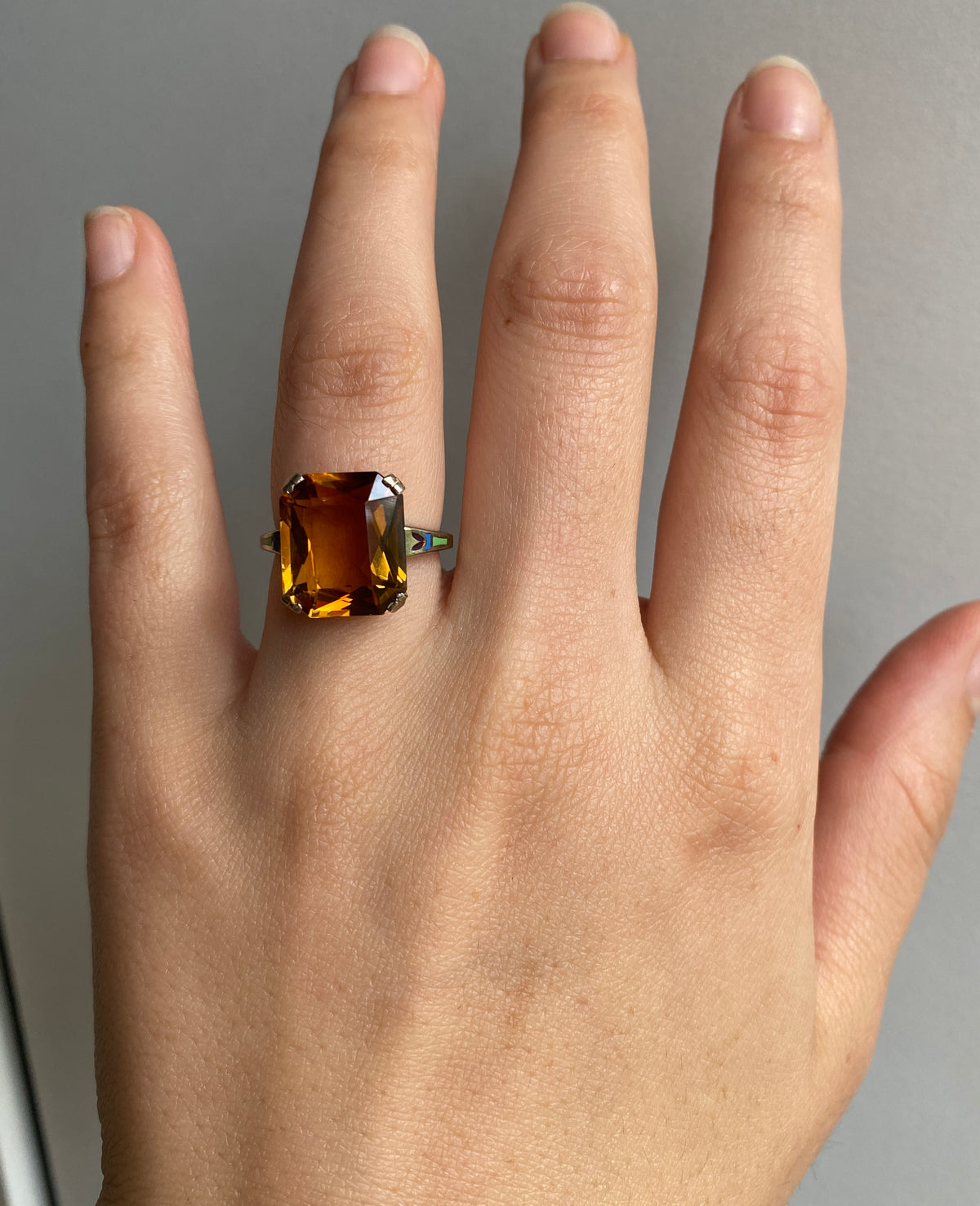 Art Deco Citrine and Enamel 14K Gold Ring