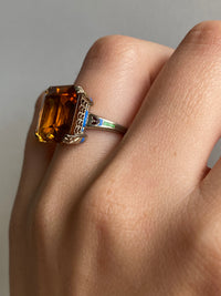 Art Deco Citrine and Enamel 14K Gold Ring