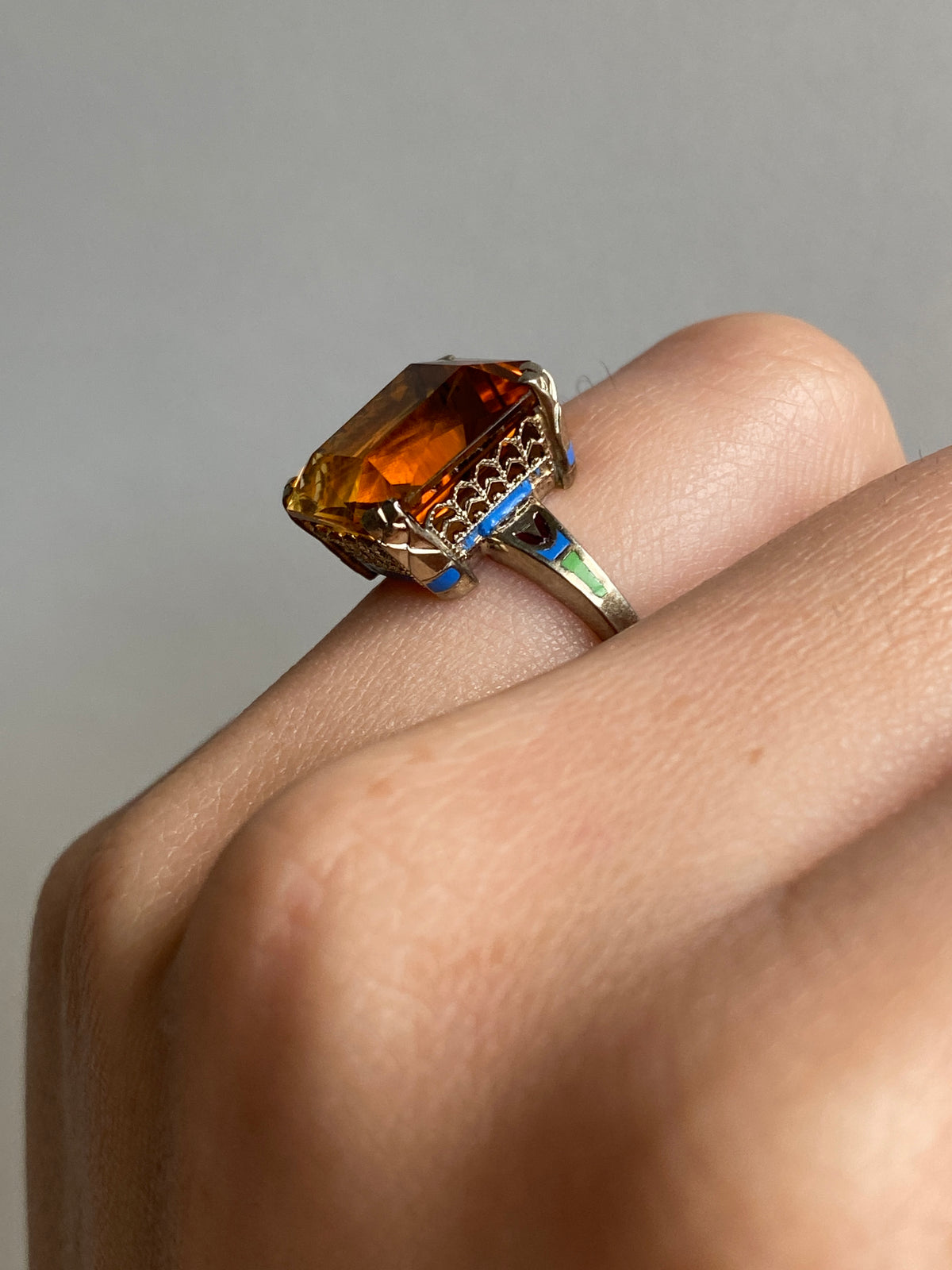 Art Deco Citrine and Enamel 14K Gold Ring