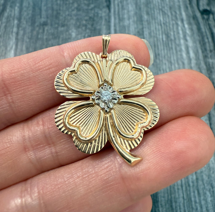 Vintage 14K Gold Engine Turned Diamond Clover Charm