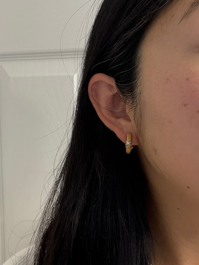 Diamond "X" and 18K Gold Huggie Earrings