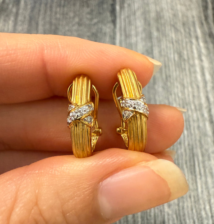 Diamond "X" and 18K Gold Huggie Earrings