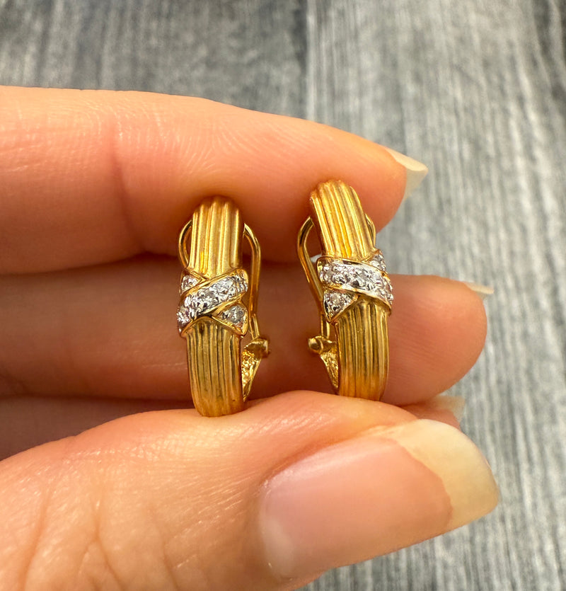 Diamond "X" and 18K Gold Huggie Earrings