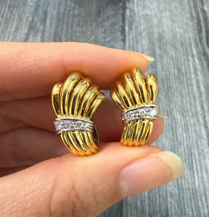 Vintage Shrimp Style 18K Gold Earrings with Diamonds