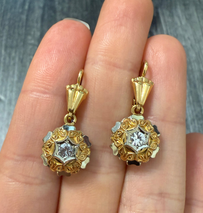 Vintage 18K Bicolor Gold and CZ Flower Dangling Earrings