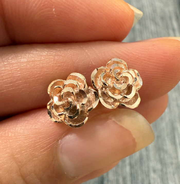 14K Bicolor Gold Rose Flower Stud Earrings (M)