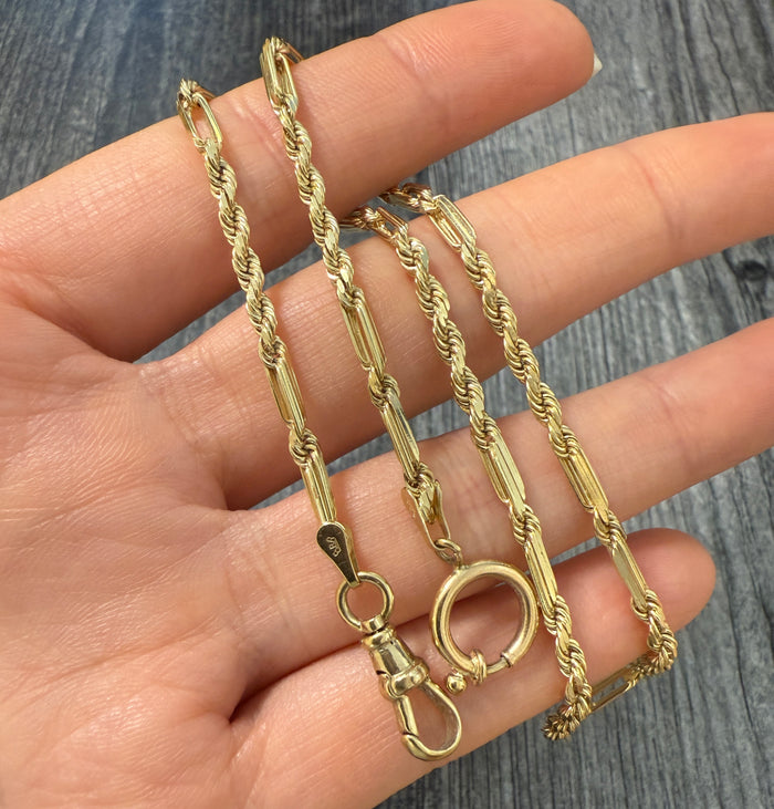 Vintage 14K Gold Rope & Bar Link Watch Chain With Dog Clip