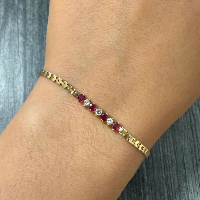 Vintage Ruby & Diamond 14K Gold ID Bracelet (M)
