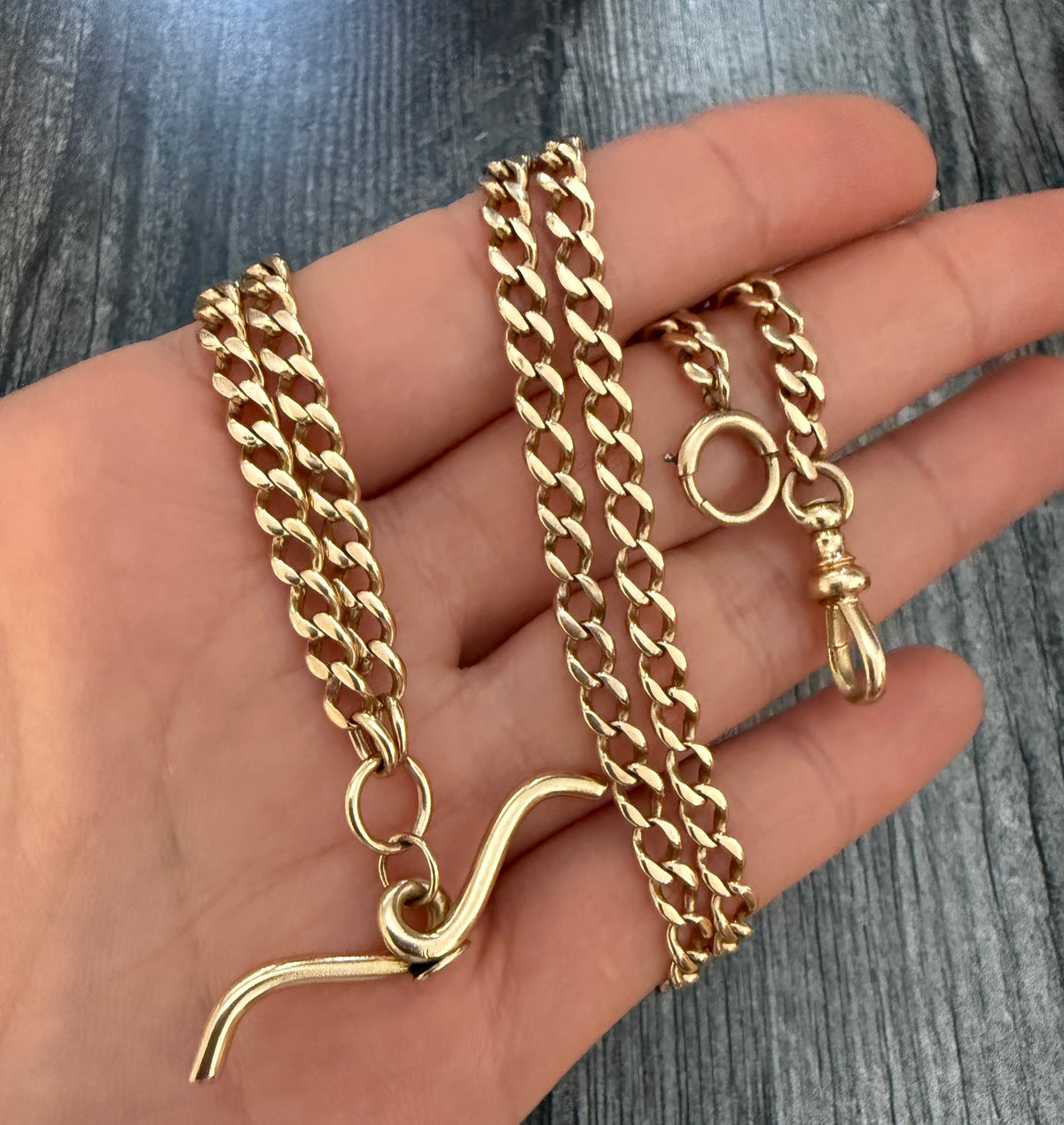 Art Deco 14K Gold Curb Link Watch Chain with T-Bar, 23" Long
