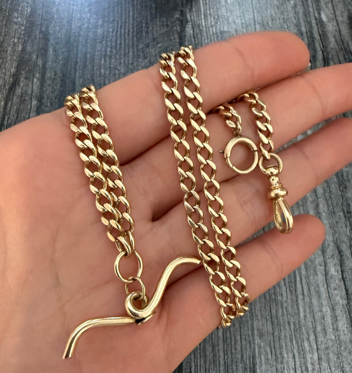 Art Deco 14K Gold Curb Link Watch Chain with T-Bar, 23" Long