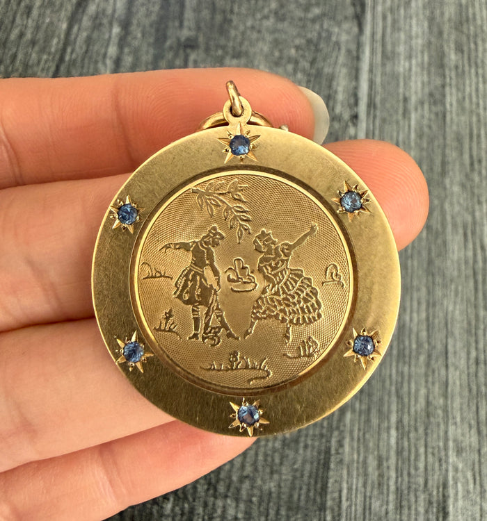 Large 14K Gold Vintage Dancing Couple Charm with Star Set Sapphires (A)