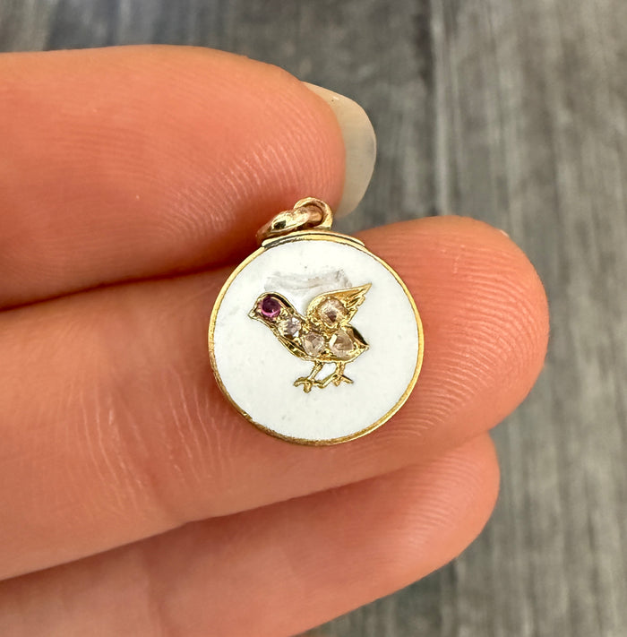 Antique Rose Cut Diamond and White Enamel Chick Bird Charm (S)