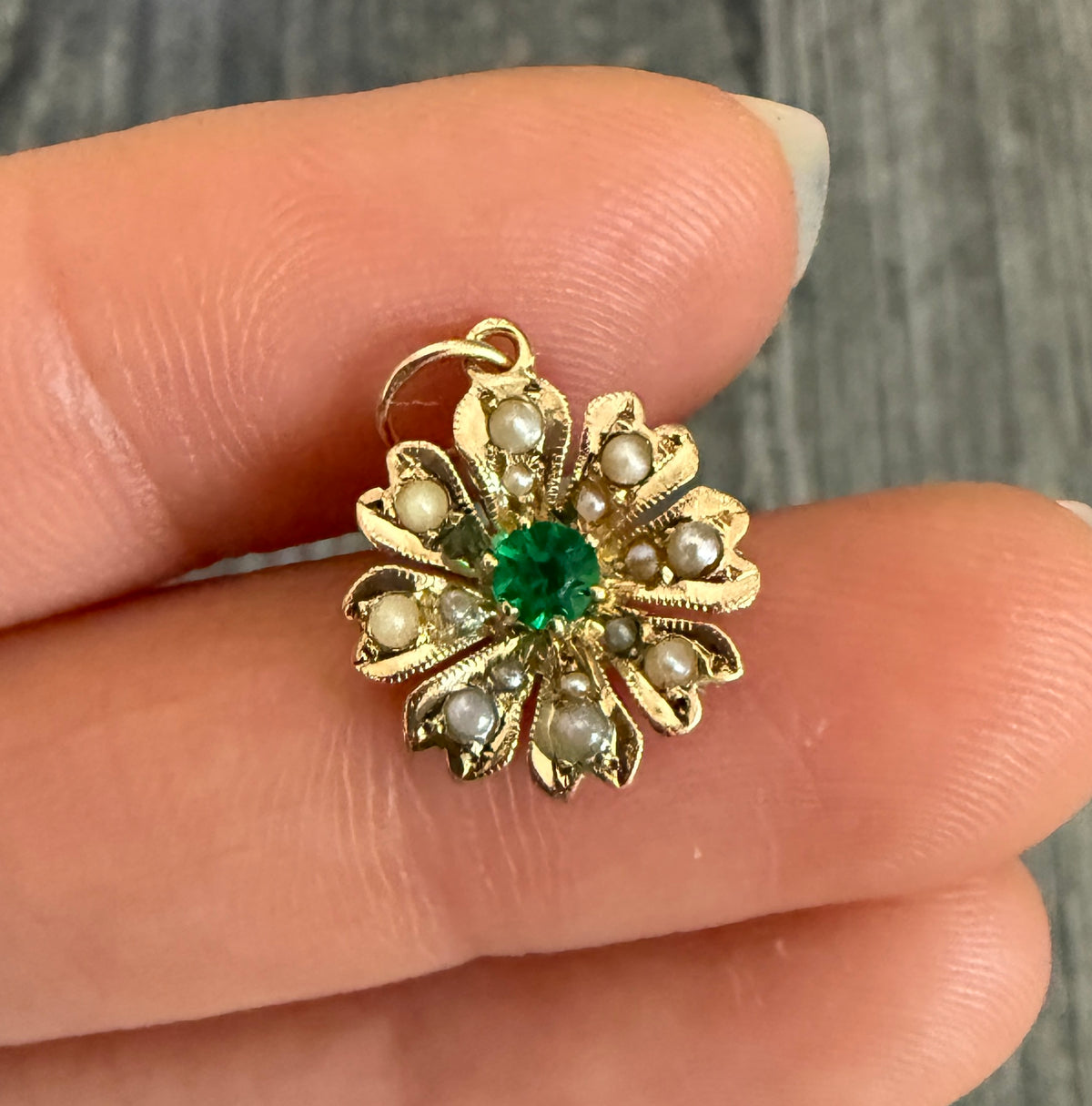 Antique Pearl and Green Stone Flower Charm (S)