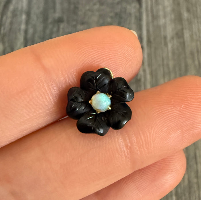 Antique Carved Black Flower and Opal Charm in 10K Gold (S)