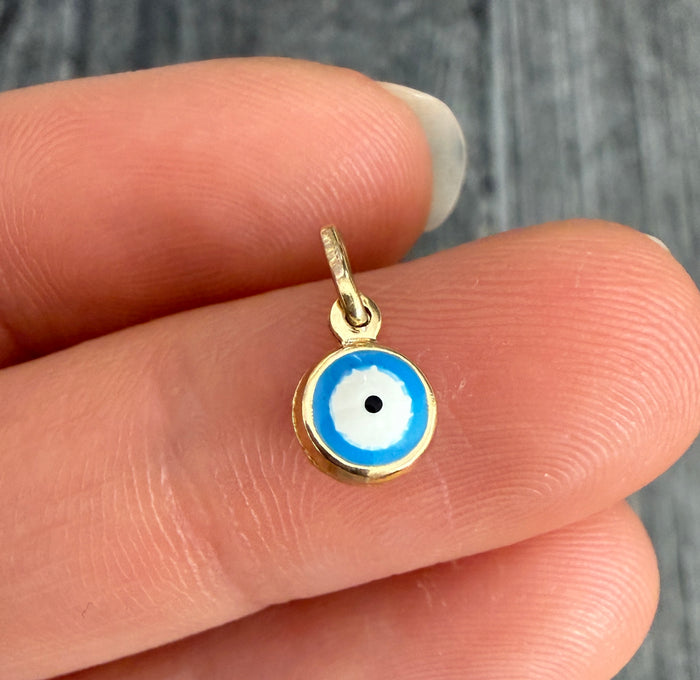 Mini Blue Enamel Evil Eye 14K Gold Charm