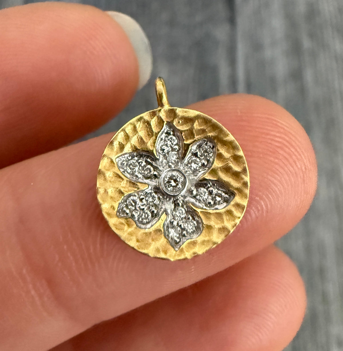 Diamond Flower Hammered Disc Charm in 14K Gold (A)