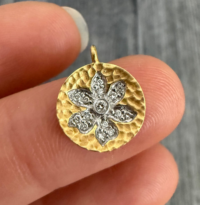 Diamond Flower Hammered Disc Charm in 14K Gold (A)
