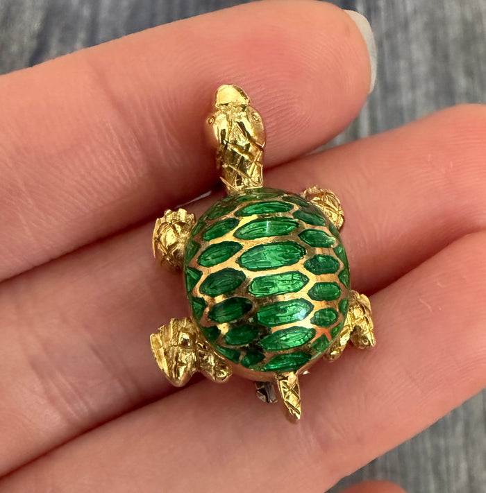 Vintage Green Enamel and 18K Gold Turtle Pin (I)