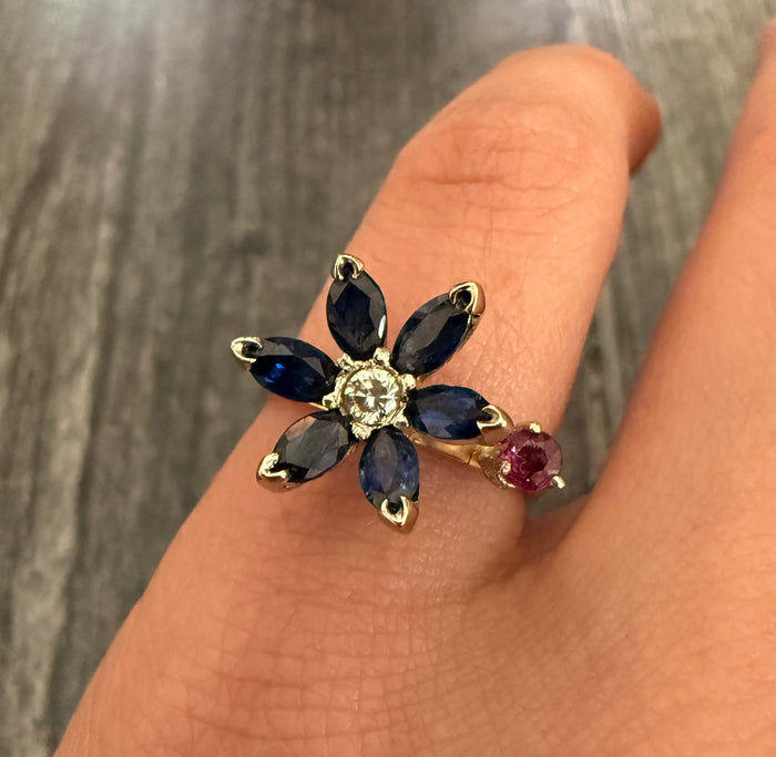 Sapphire Flower, Ruby and 14K Gold Ring (S)