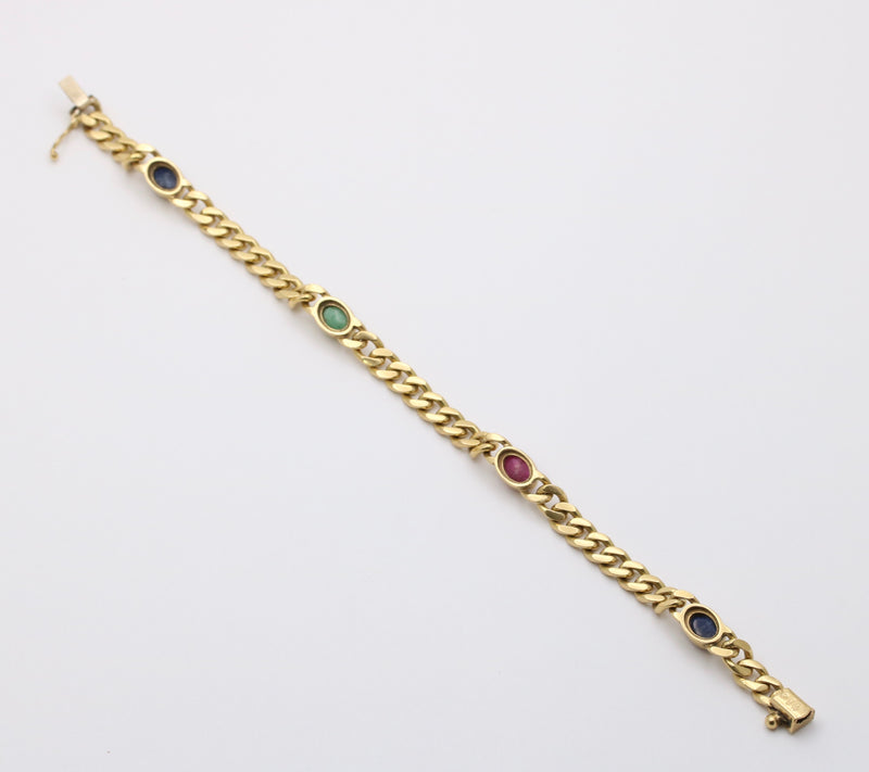 Vintage 18K Gold, Ruby, Emerald, and Sapphire Curb Link Bracelet
