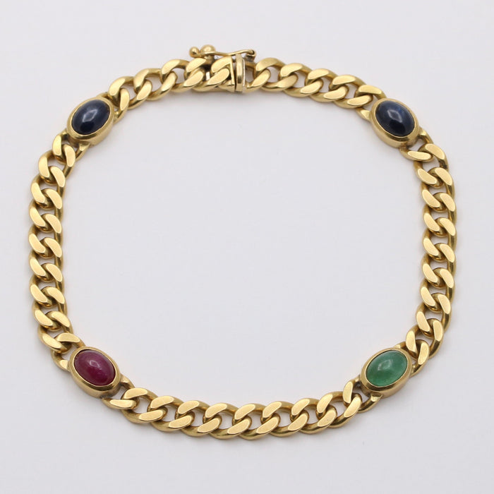 Vintage 18K Gold, Ruby, Emerald, and Sapphire Curb Link Bracelet