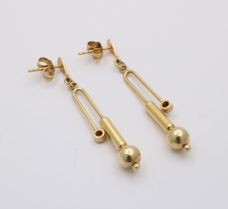 Funky 14K Gold and Diamond Long Tubular and Dangling Ball Earrings