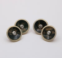 Antique Diamond, Moss Agate and Enamel 14K Gold Cufflinks