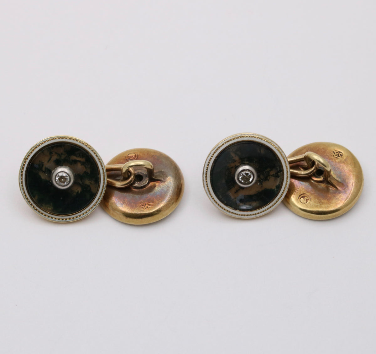 Antique Diamond, Moss Agate and Enamel 14K Gold Cufflinks