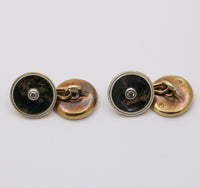 Antique Diamond, Moss Agate and Enamel 14K Gold Cufflinks