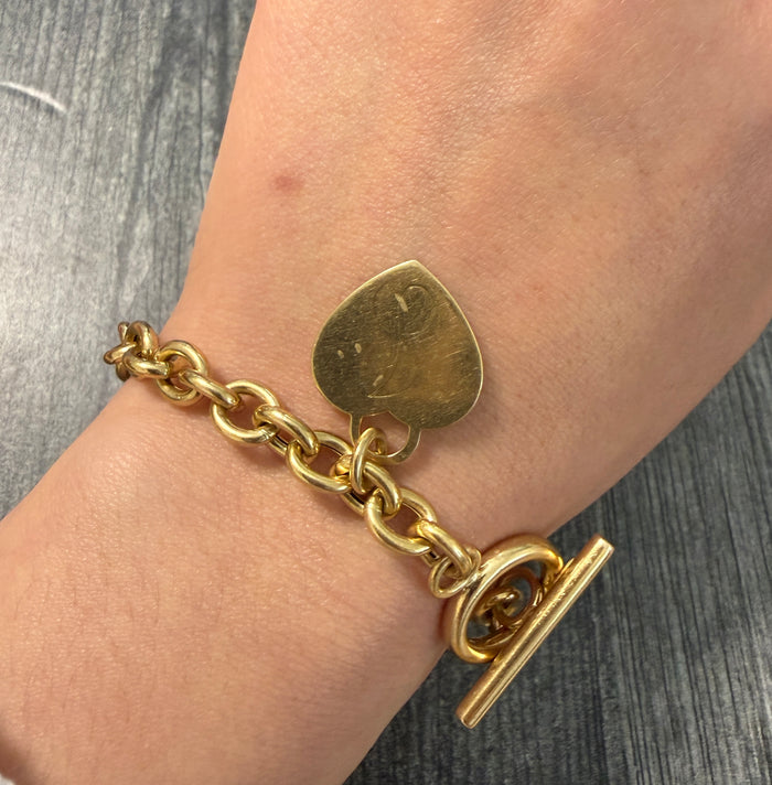 14K Gold Oval Link Toggle Bracelet with Heart Tag Charm