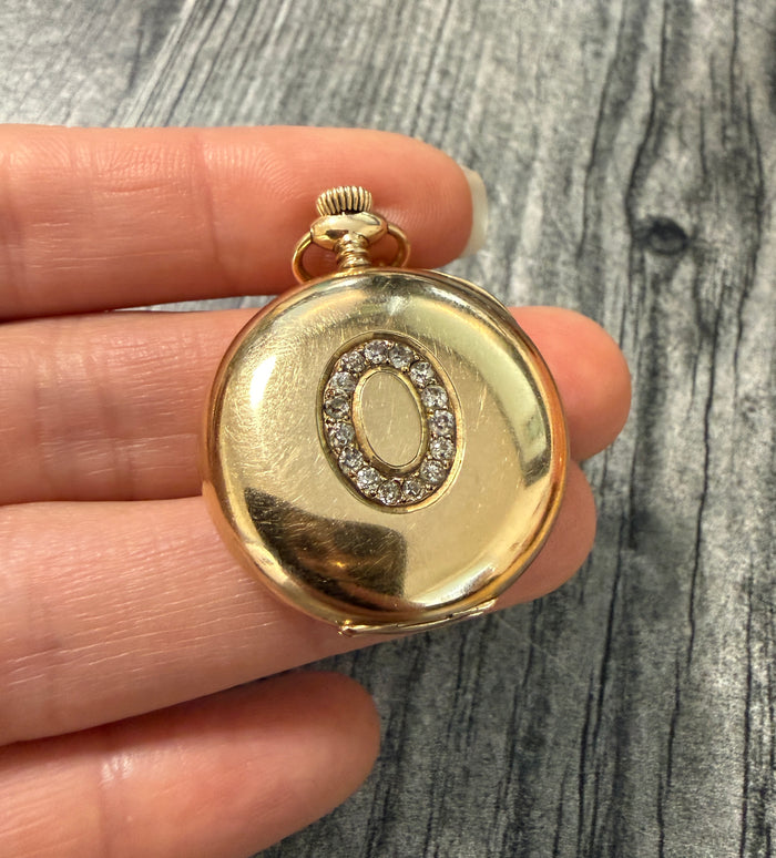 Antique Diamond “O” Waltham Pocketwatch in 14K Gold