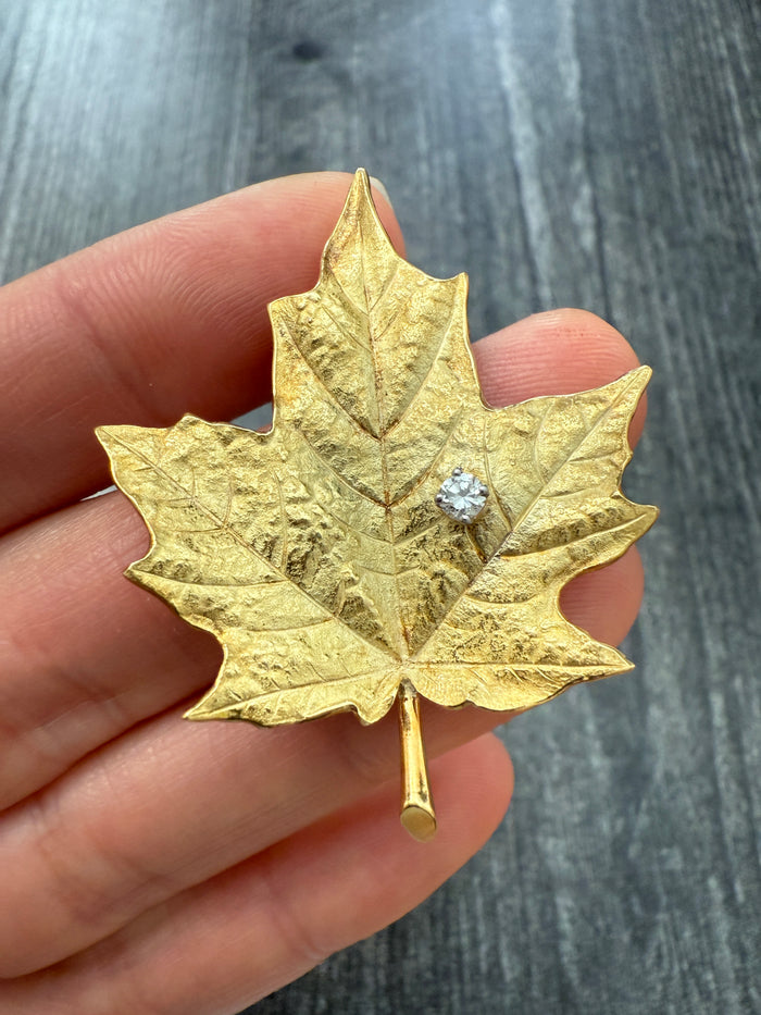 Vintage Tiffany & Co 18K Gold and Diamond Maple Leaf Brooch (I)