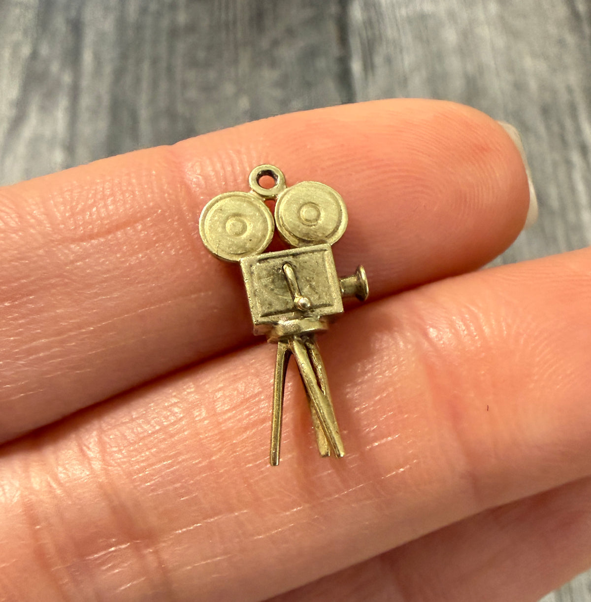 Vintage 14K Gold Cinema Movie Camera Charm with Spinning Hand Crank