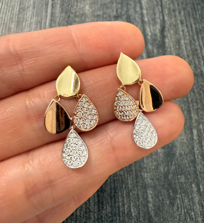 Diamond and 14K Tricolor Gold Teardrop Chandelier Earrings