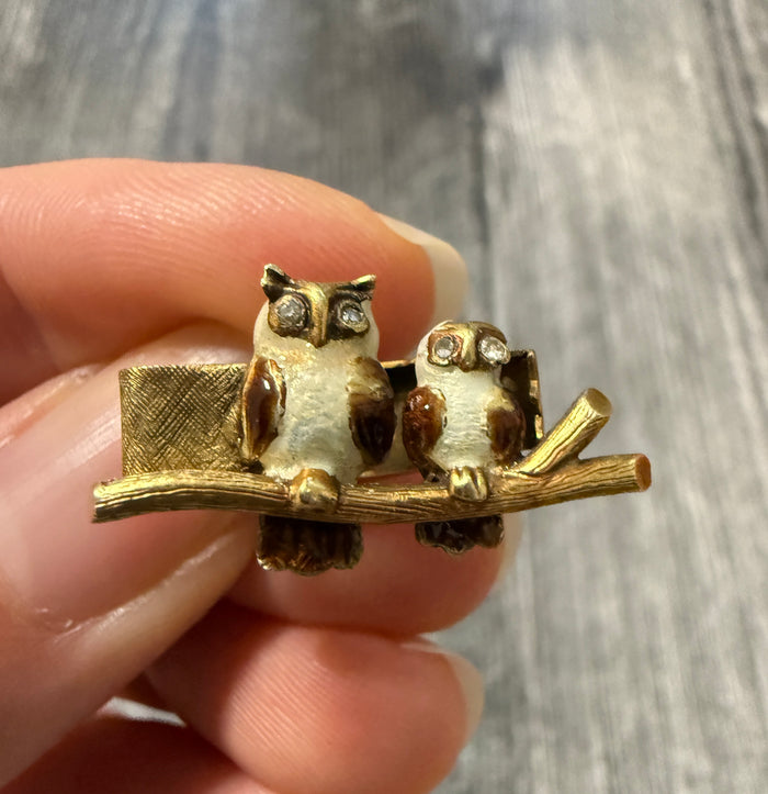 Antique Enamel and Diamond Clip of Owls