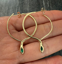 Vintage Emerald and 14K Gold Snake Hoop Earrings