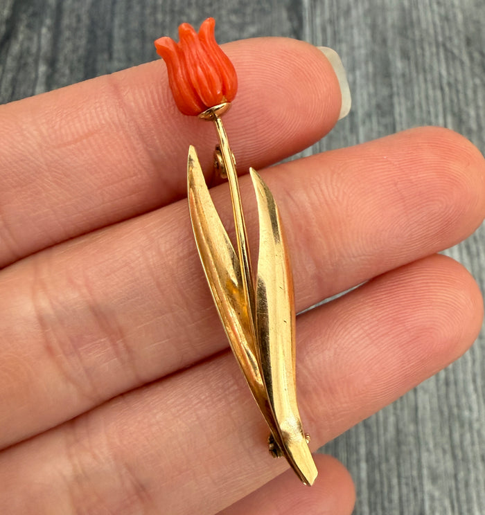 Carved Coral Tulip and 14K Gold Pin