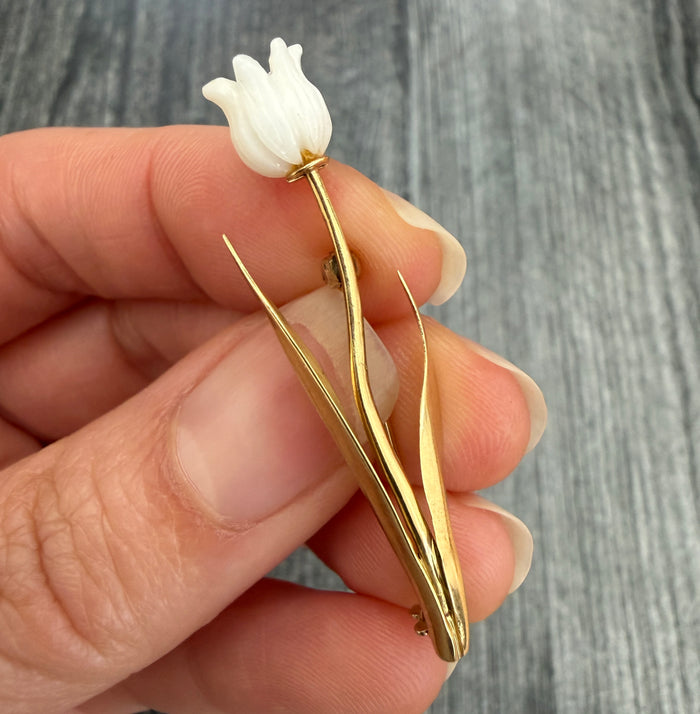 Vintage Carved White Coral and 18K Gold Tulip Pin