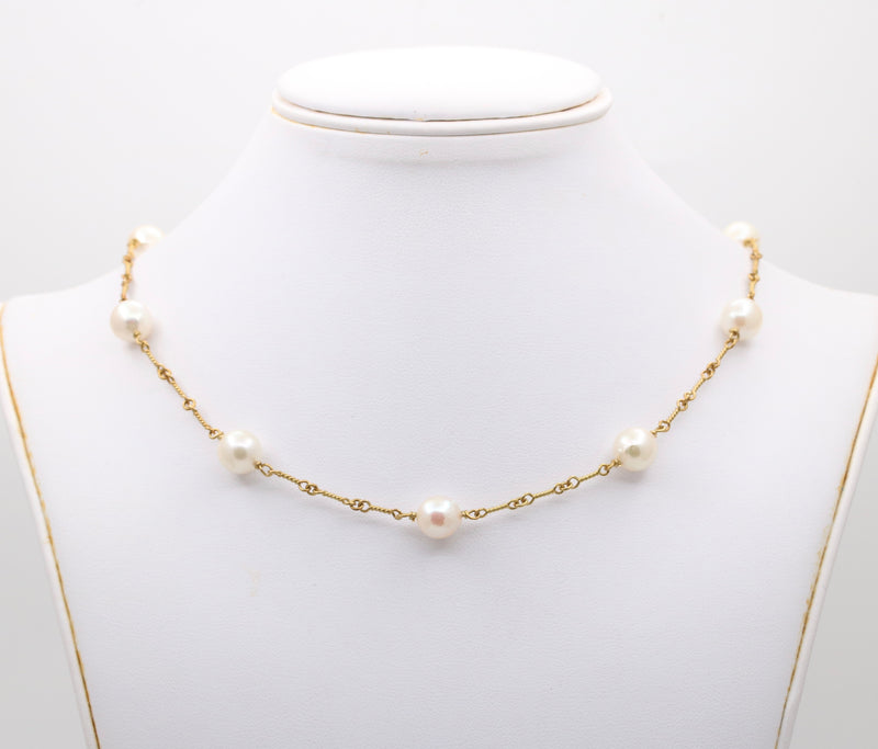 Cultured Pearl and 18K Gold Twist Link Necklace, 16.5” Long