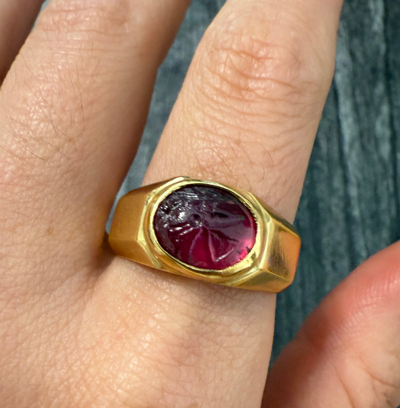 Carved Intaglio Red Stone and 18K Gold Signet Ring