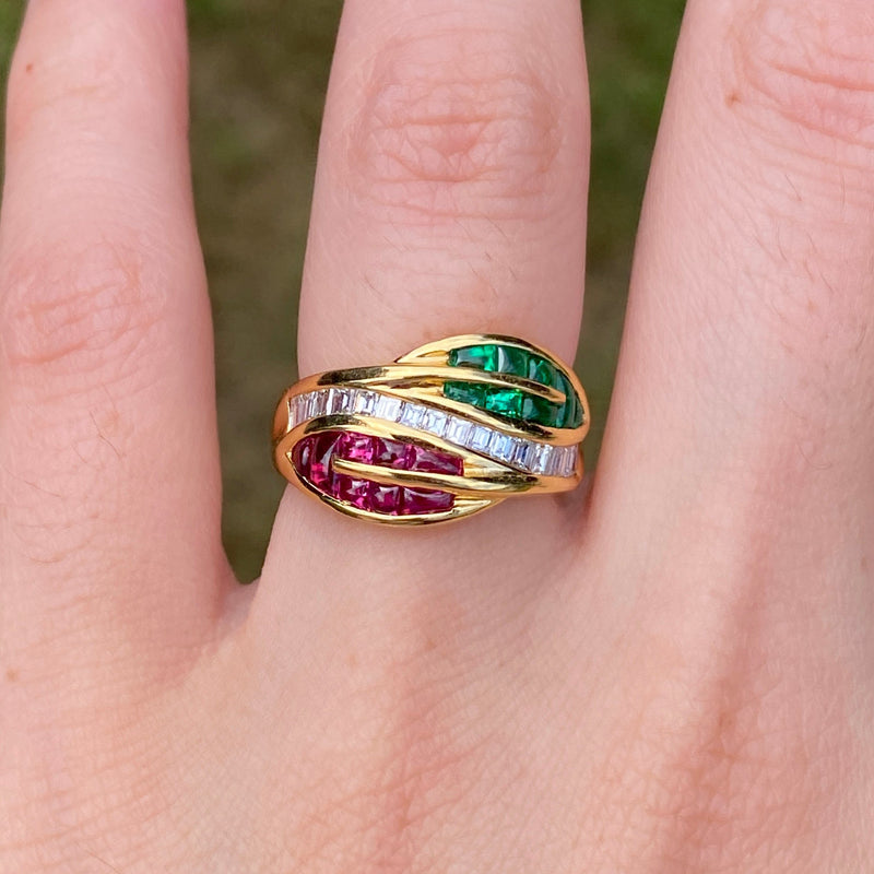 Natural Emerald, Ruby, and Diamond Leaf Ring