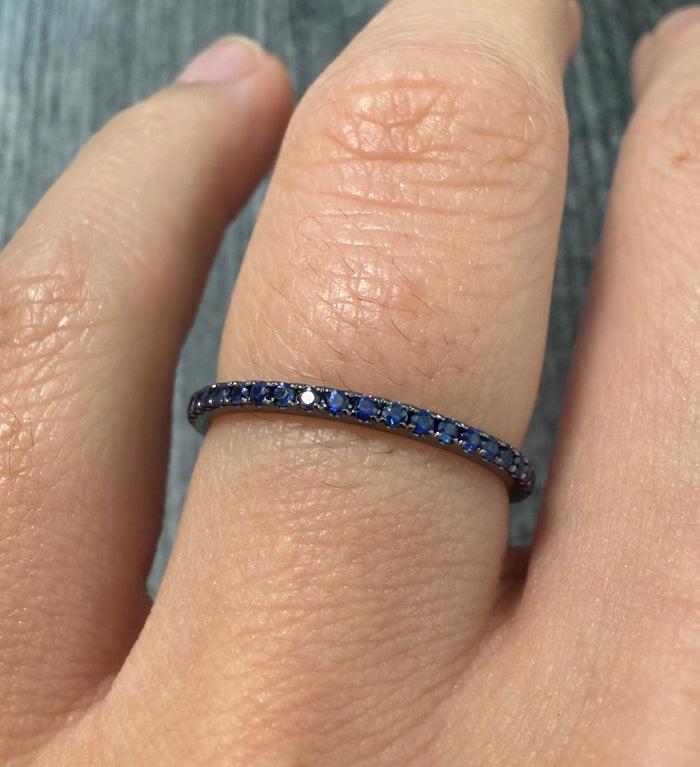 Blue Sapphire and 18K Black Gold Eternity Band, Size 6.5