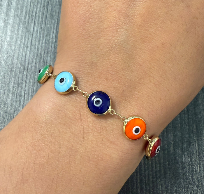 Multicolor Bead Evil Eye Bracelet in 14K Gold