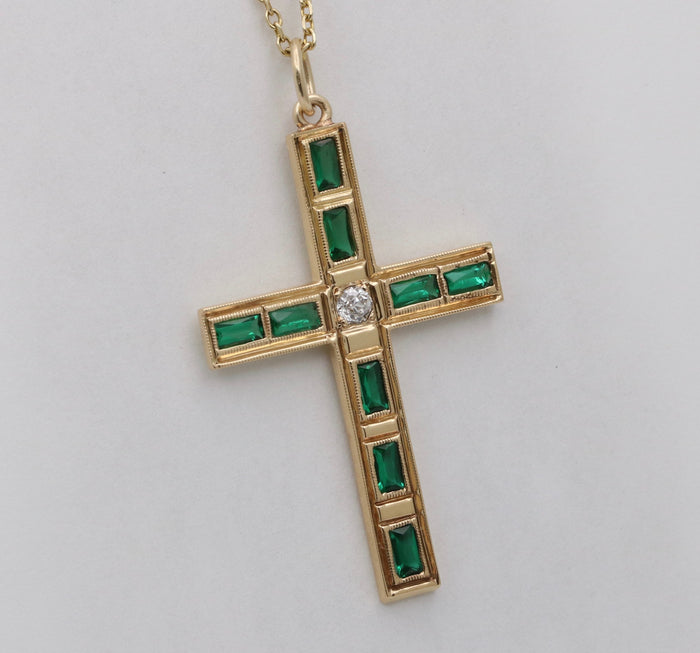 Vintage 18K Gold, Diamond and Synthetic Emerald Cross Pendant