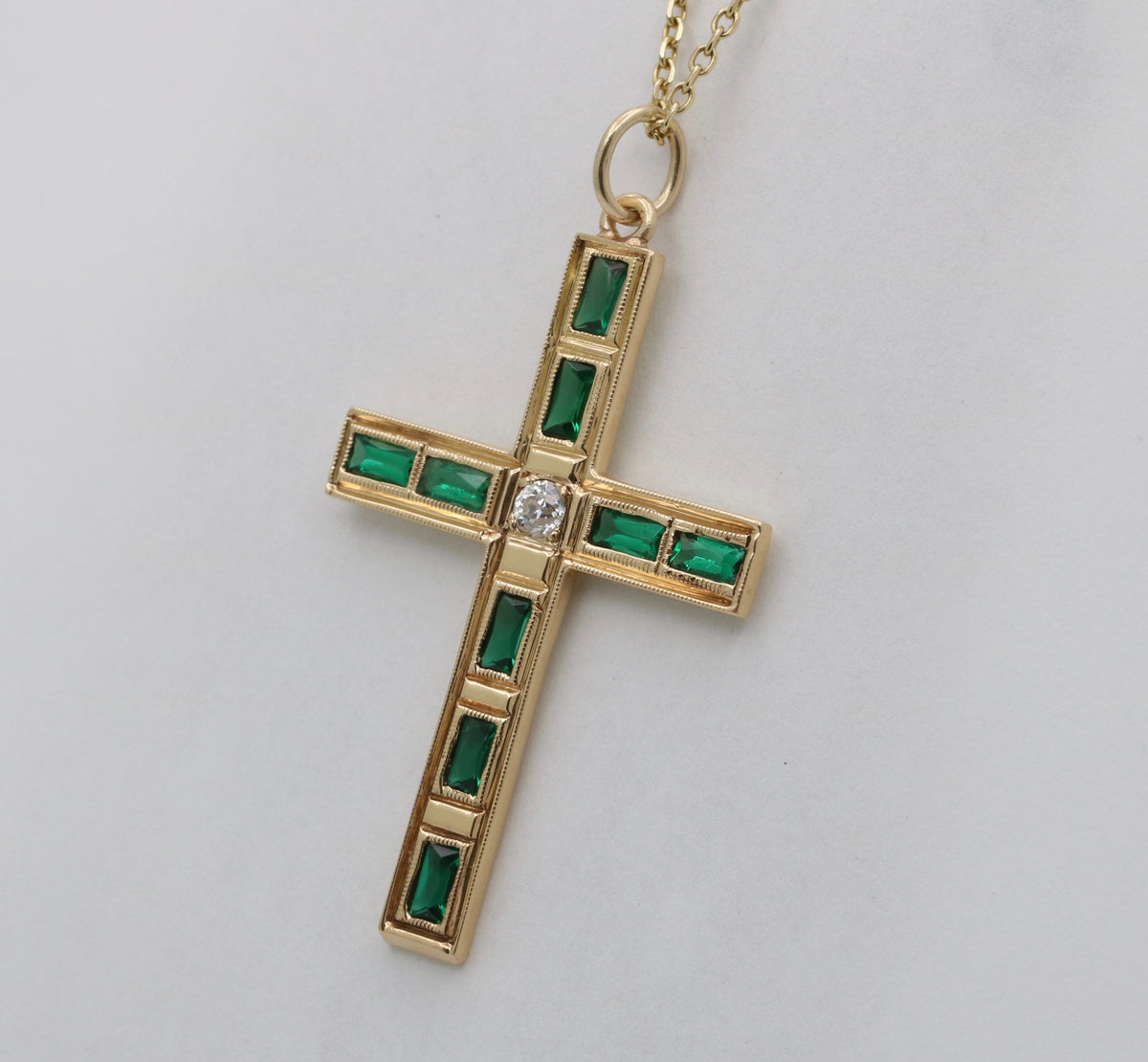 Vintage 18K Gold, Diamond and Synthetic Emerald Cross Pendant