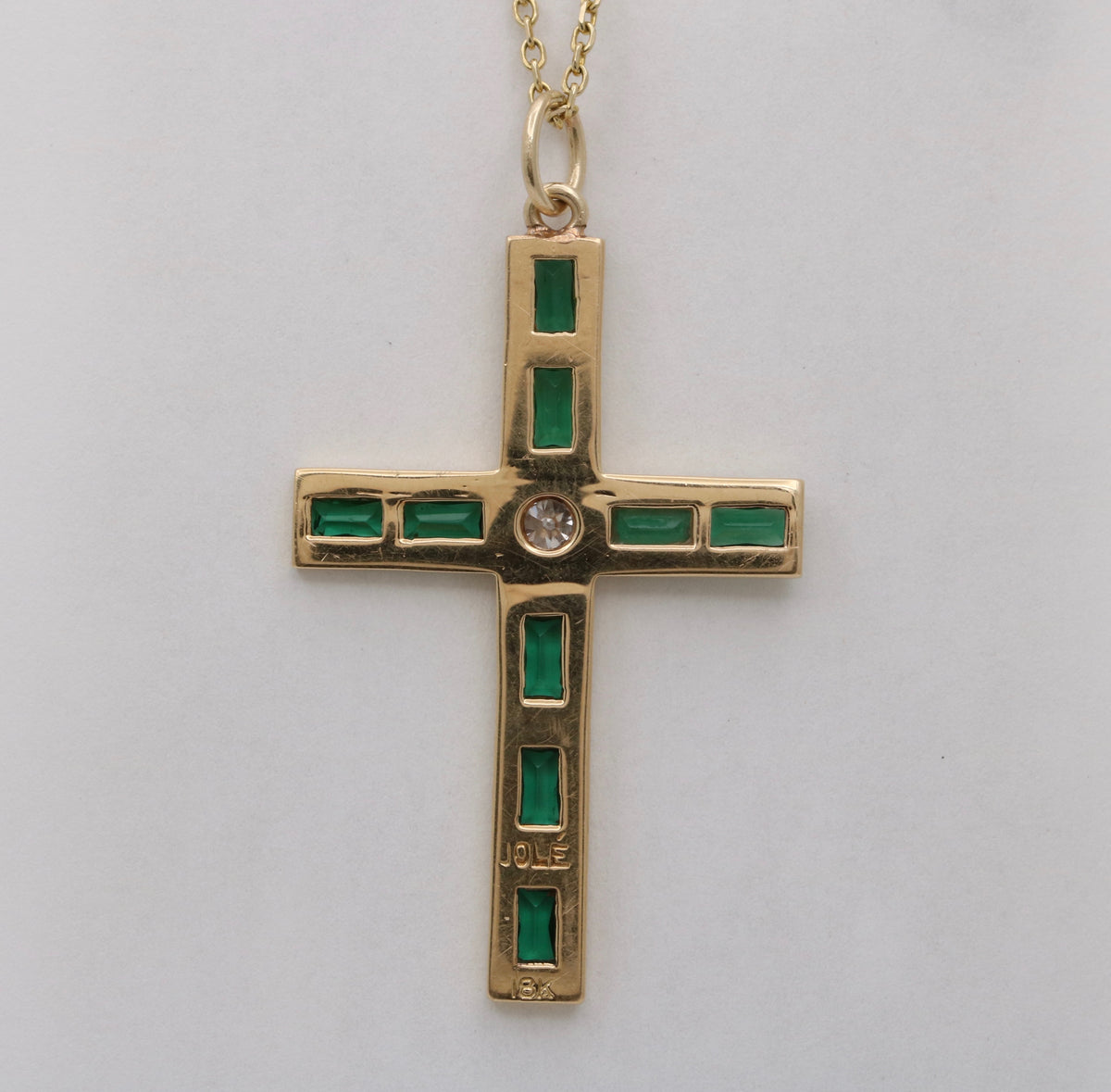 Vintage 18K Gold, Diamond and Synthetic Emerald Cross Pendant