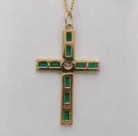 Vintage 18K Gold, Diamond and Synthetic Emerald Cross Pendant